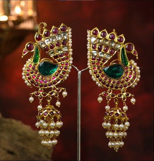 Kundan Gold peacock Jhumka Earrings