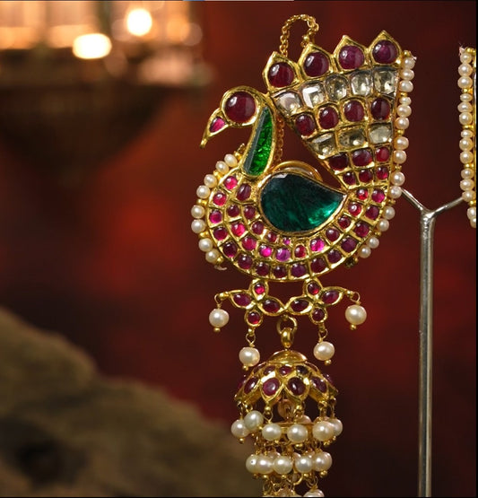 Kundan Gold peacock Jhumka Earrings