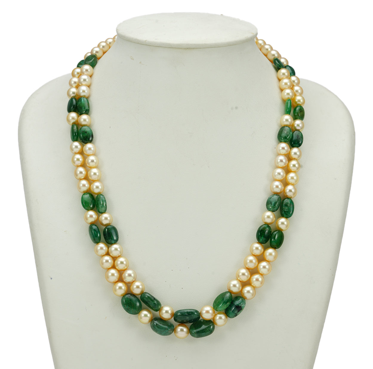 Natural Emerald Beads and 7.0-8.0mm Golden Saltwater Akoya Pearls Necklace Set - A Quality