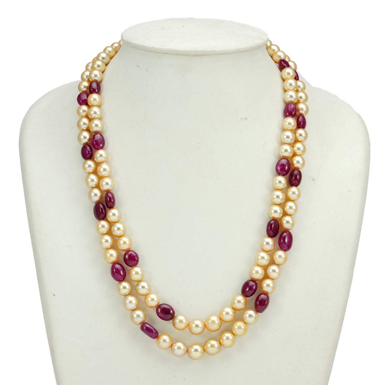 Natural Ruby Beads and 7.0-8.0mm Golden Saltwater Akoya Pearls Necklace Set - AAA Quality