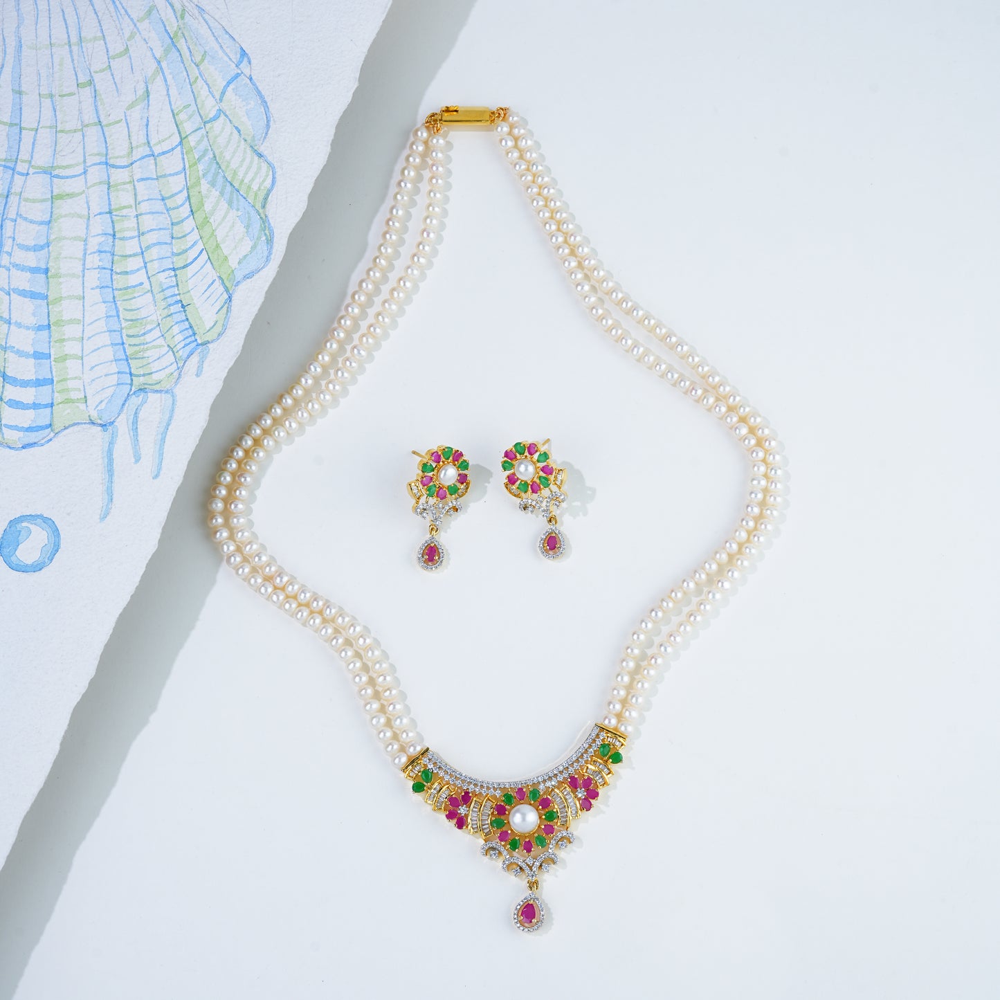 Bold Red Green Multicolor Freshwater Pearls Necklace Set