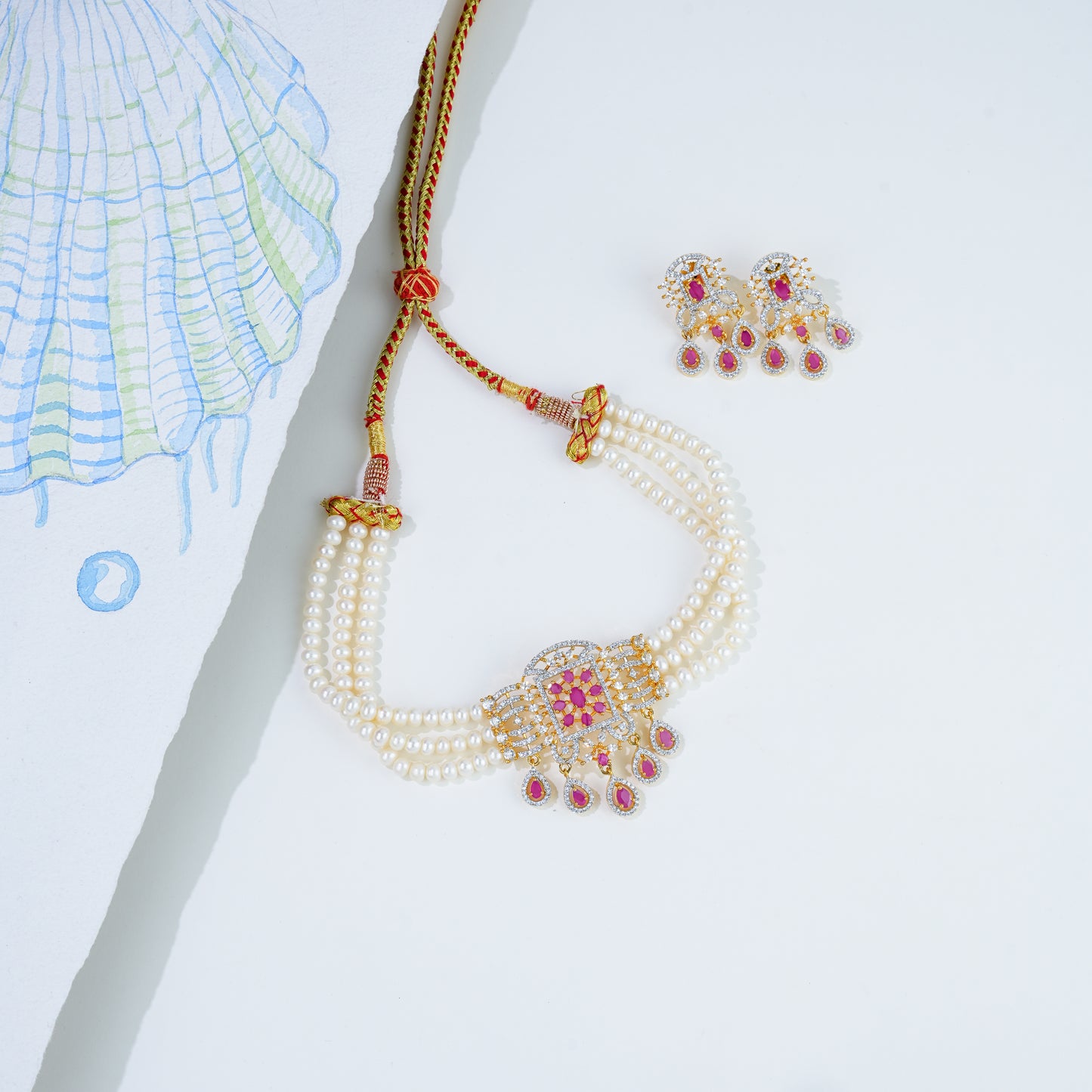 Alluring Red Stone Freshwater Pearl Choker Set