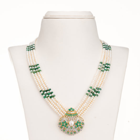 Natural Emerald With Button Freshwater Pearl Necklace Set