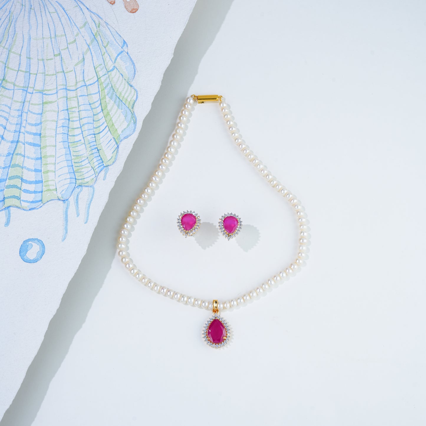 Unique Red Stone Freshwater Pearl Necklace Set