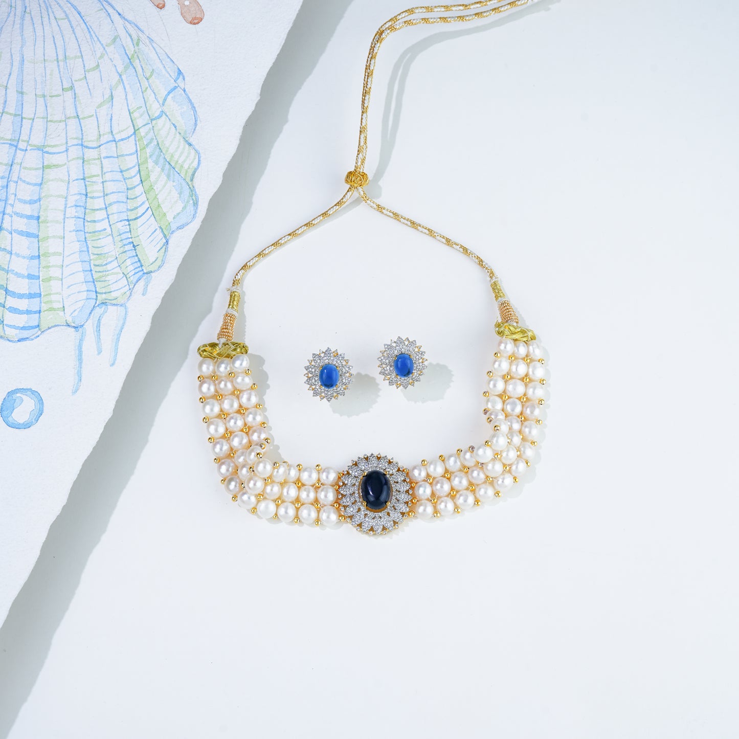 Designer Dark Blue Stone Freshwater Pearl Choker Set