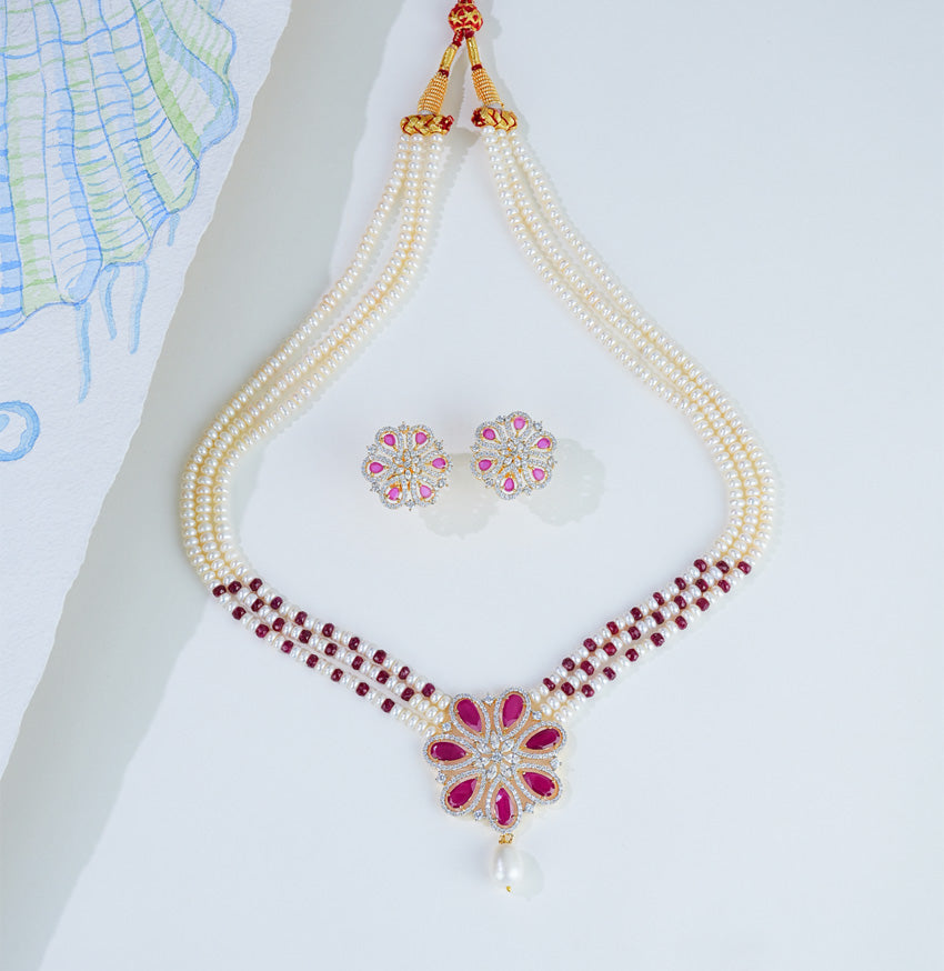 Natural Ruby With Button Freshwater Pearl Necklace Set