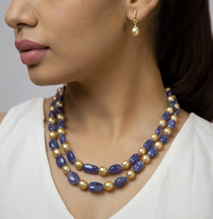 Natural Tanzanite Beads and 8.0-9.0mm Golden South Sea Pearls Necklace Set - A Quality