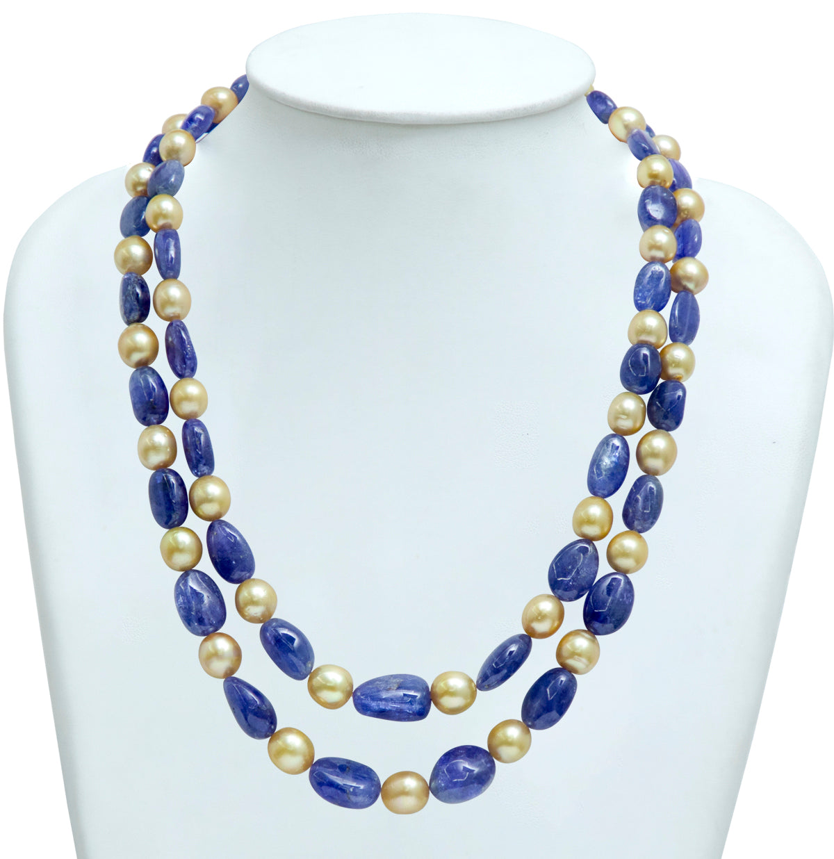 Natural Tanzanite Beads and 8.0-9.0mm Golden South Sea Pearls Necklace Set - A Quality