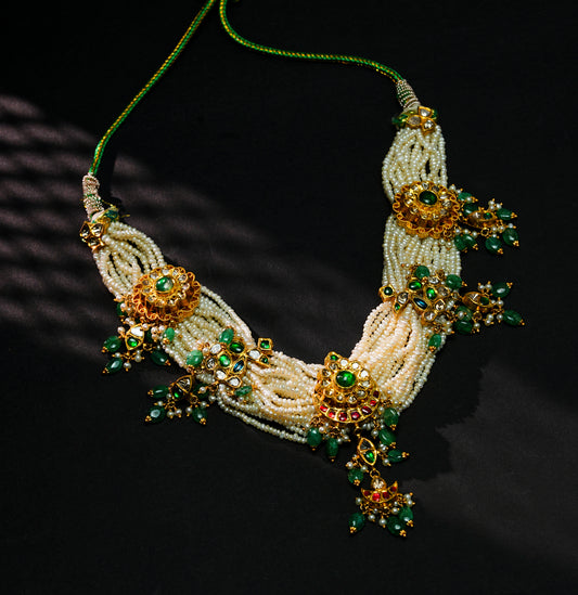 Textured Kundan Polki Pearl  Emerald Choker