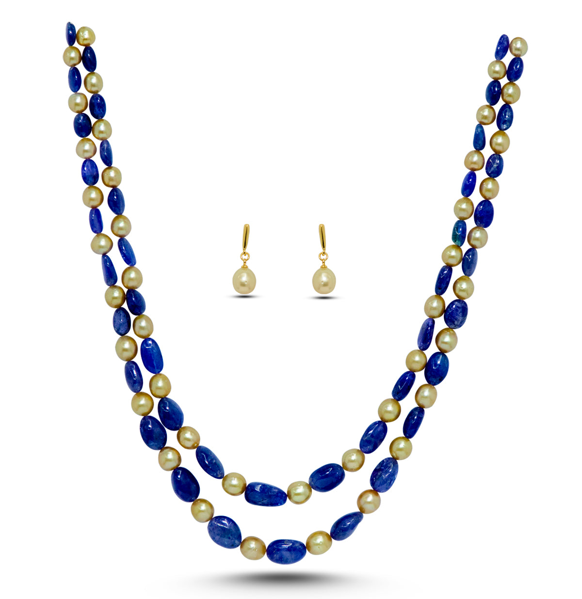Natural Tanzanite Beads and 8.0-9.0mm Golden South Sea Pearls Necklace Set - A Quality
