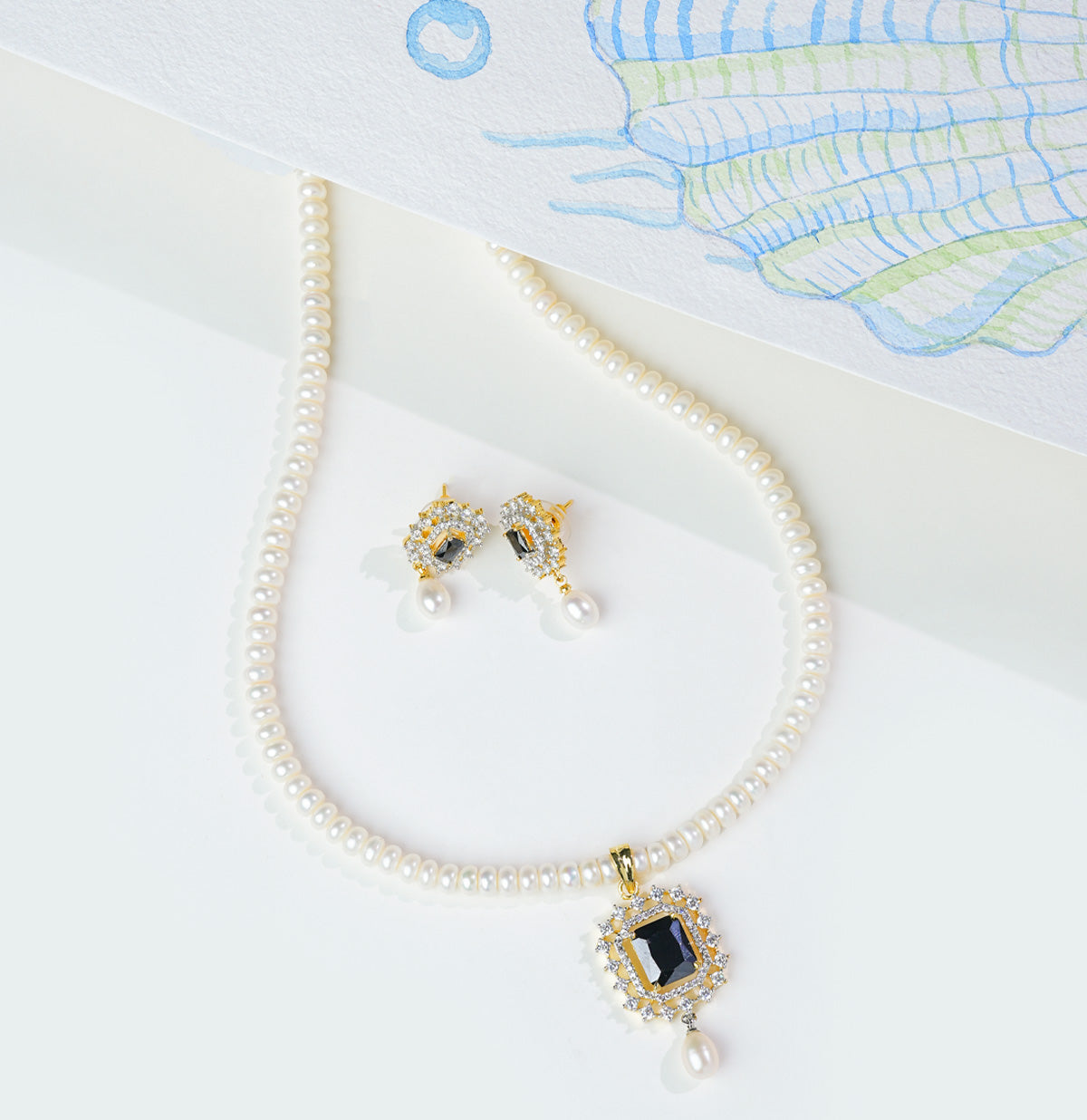 Lavish Blue Stone Freshwater Pearl Necklace Set