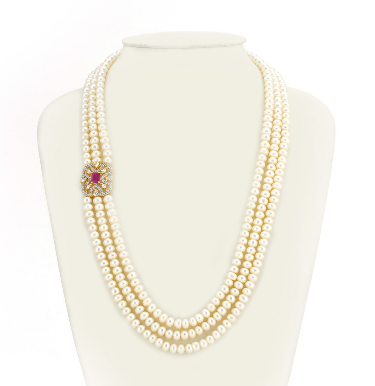 Sparkly Red Stone Side Piece Freshwater Pearl Necklace Set