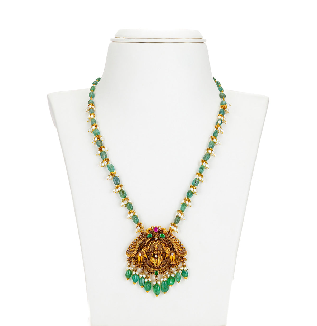 Resonant Laxmi Devi Emerald Gold Necklace