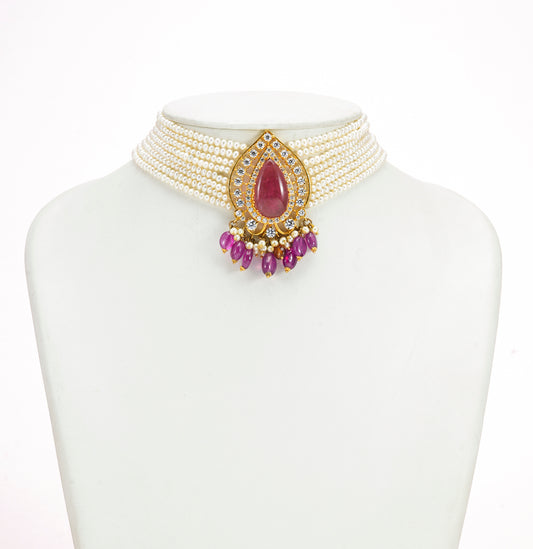 Elegant Ruby Pearl Choker