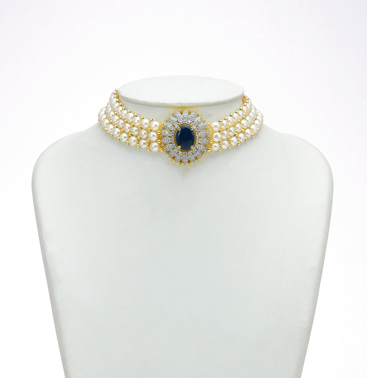 Designer Dark Blue Stone Freshwater Pearl Choker Set