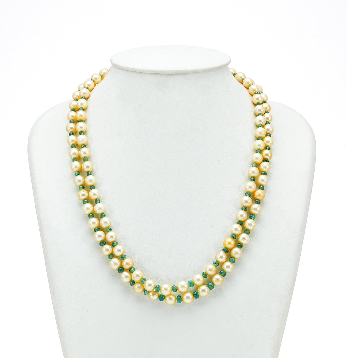 Natural Emerald and Golden Saltwater Akoya Pearls Necklace Set - A Quality