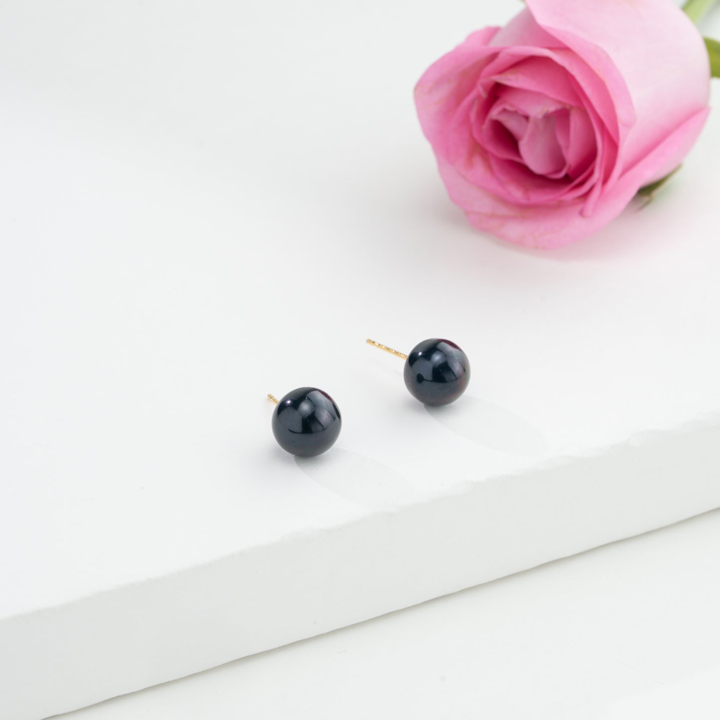 Black Button Pearl Stud Earrings