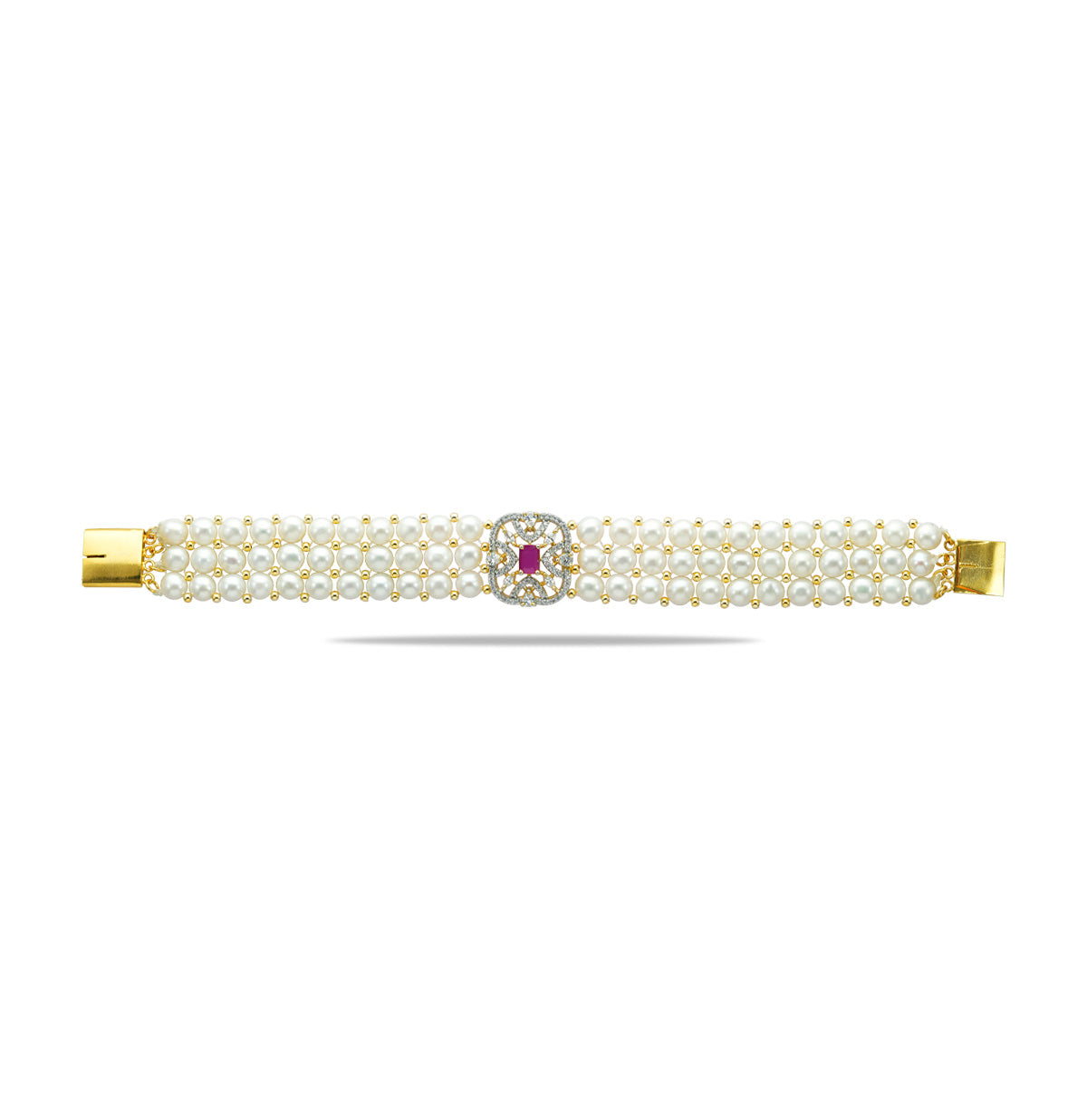Fancy Button Red Stone Pearl Bracelet