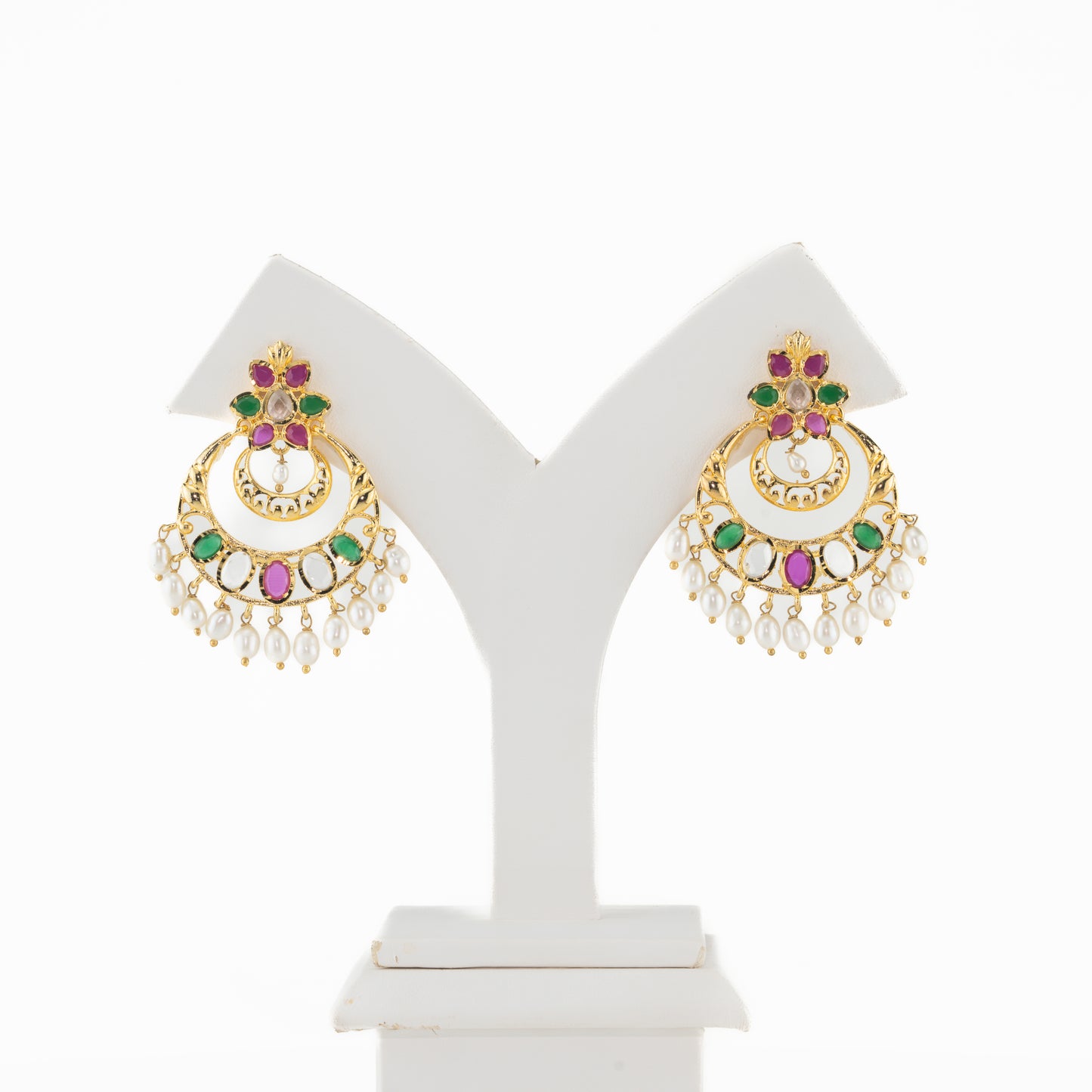 Designer Red Green Multicolor Chand Bali With Pearl Drop