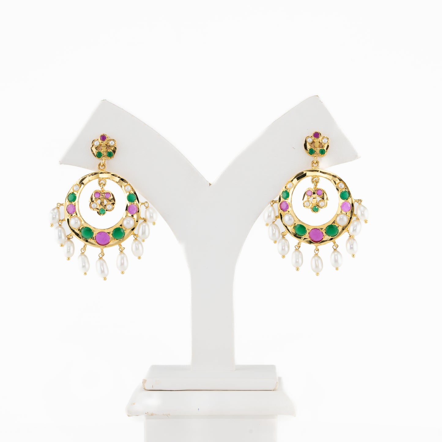 Dramatic Red Green Multicolor Drop Pearl Chand Bali