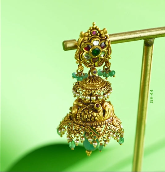 Brilliant Emerald and Pearl Gold Jhumka