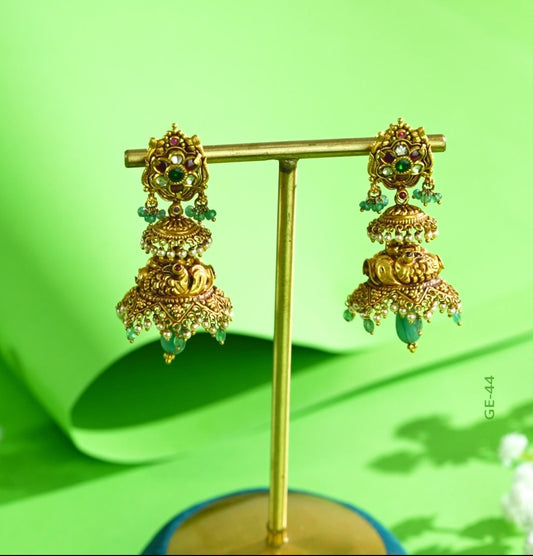 Brilliant Emerald and Pearl Gold Jhumka