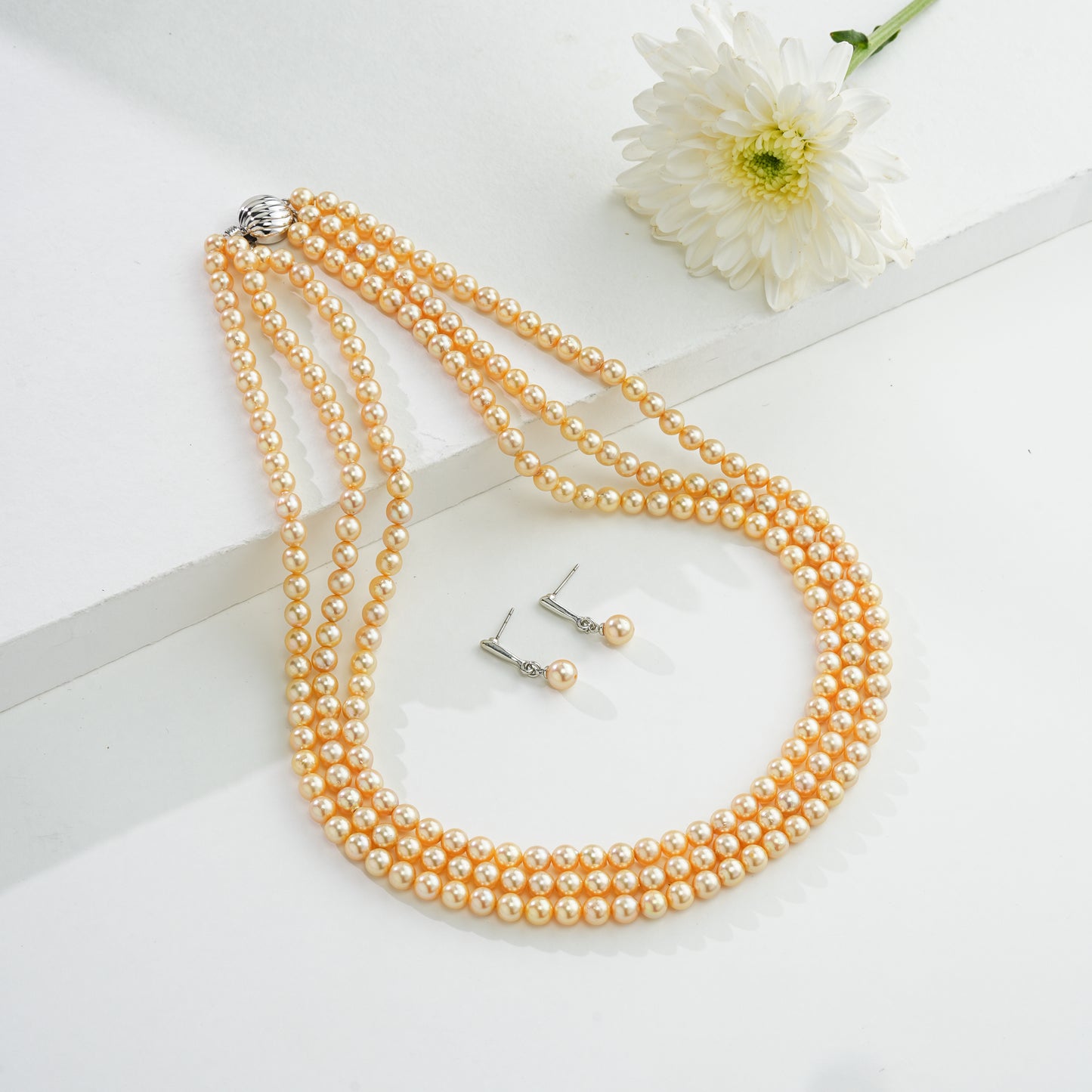 5.0-6.0mm Golden Round Saltwater Akoya Pearls Necklace Set - AA Quality
