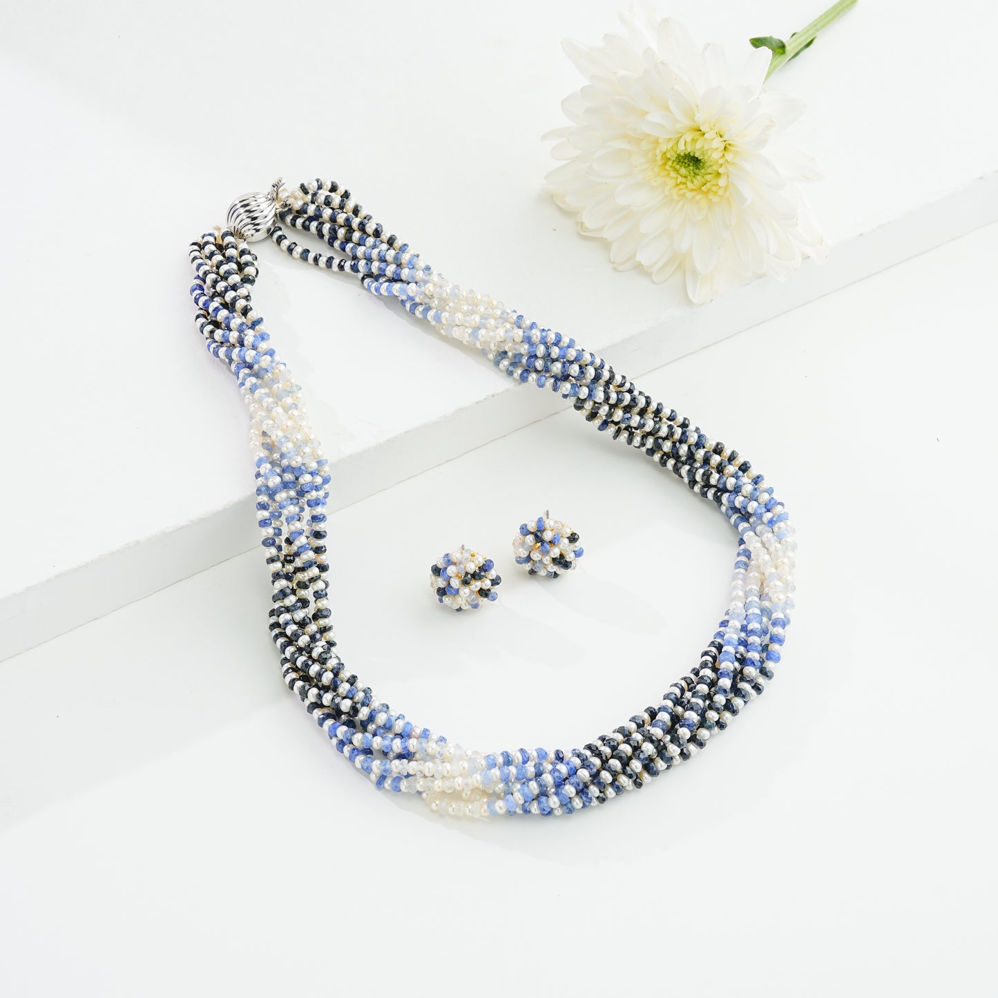 Natural Shaded Blue Sapphire and 1.0-2.0mm Seed Freshwater Pearls Necklace Set - AAA Quality