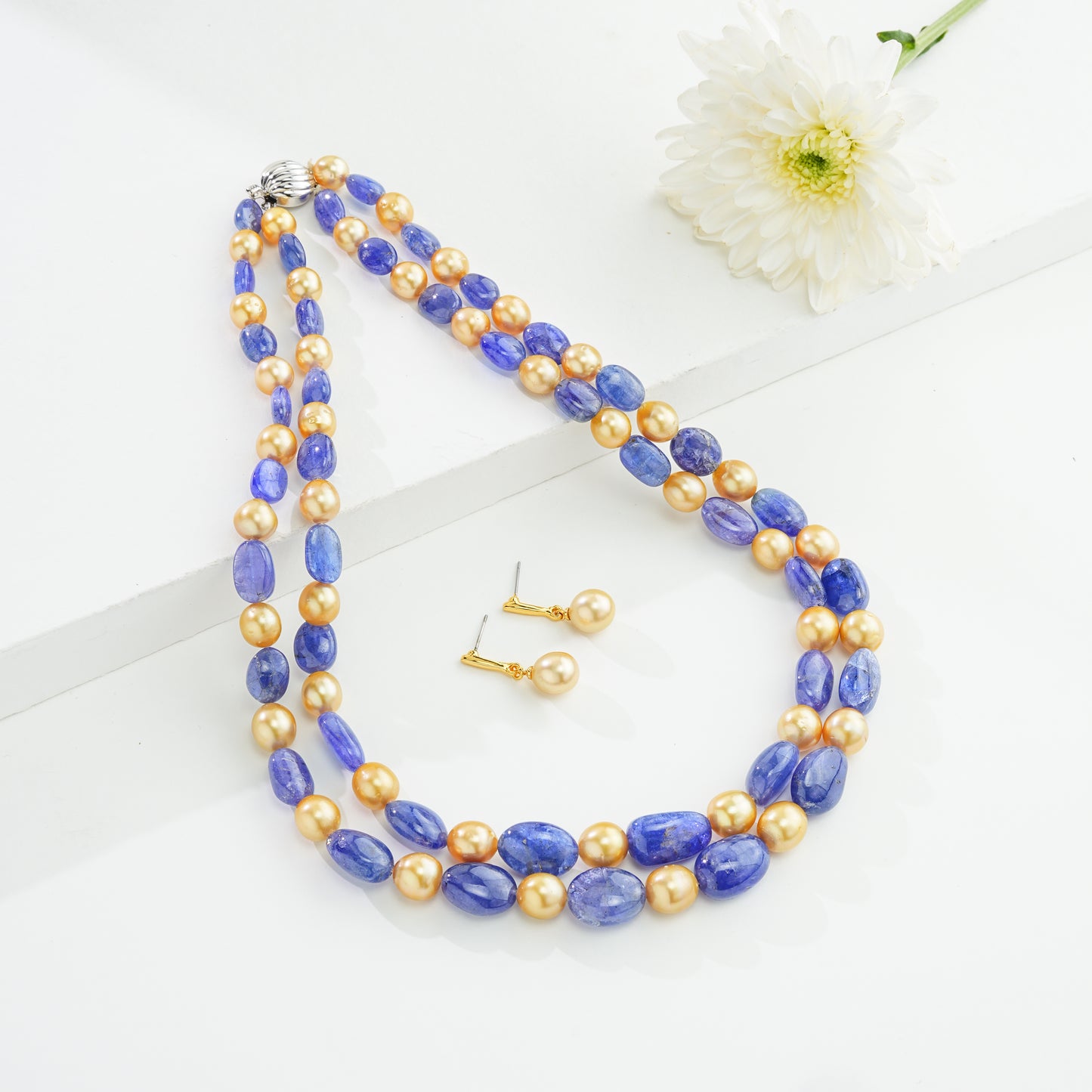 Natural Tanzanite Beads and 8.0-9.0mm Golden South Sea Pearls Necklace Set - A Quality