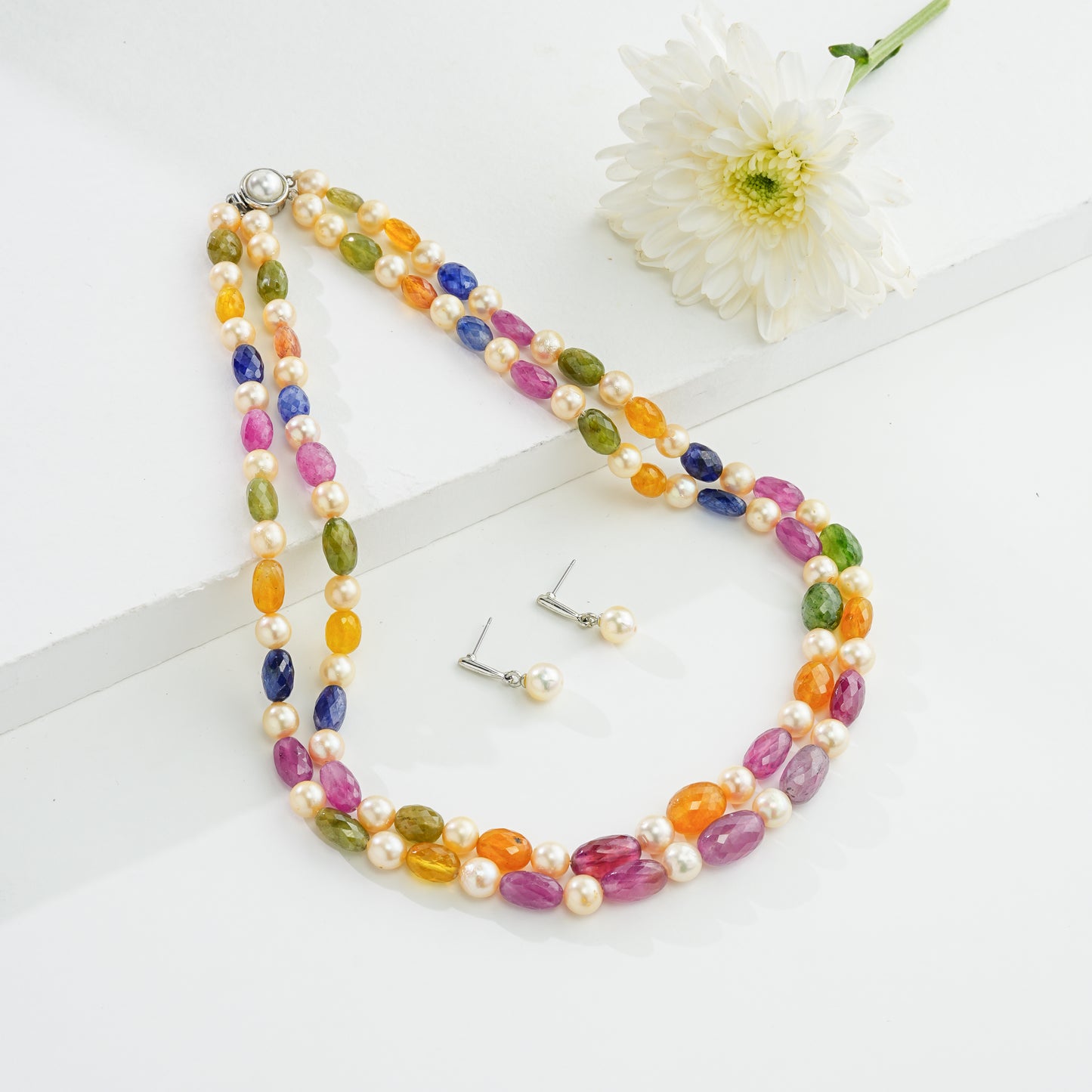 Natural Navaratan Beads and 7.0-8.0mm Cream South Sea Pearls Necklace Set - A Quality