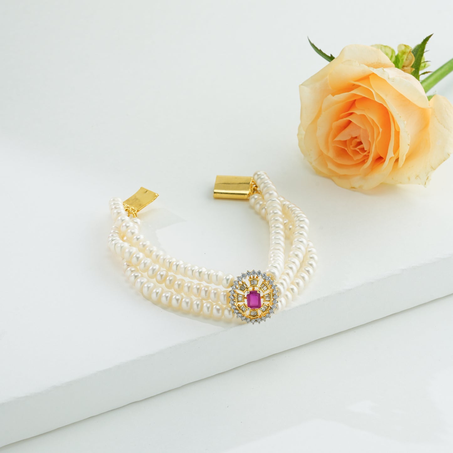 Opulent Red Stone Pearl Bracelet