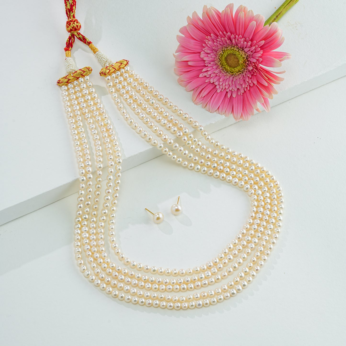 5.0-6.0mm White Button Fancy Freshwater Pearl Necklace Set - AAA Quality