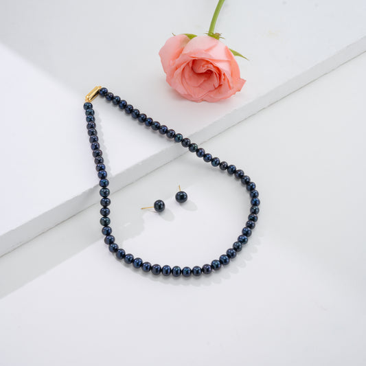 7.0-8.0mm Near Round Black Freshwater Pearl Necklace Set - A Quality