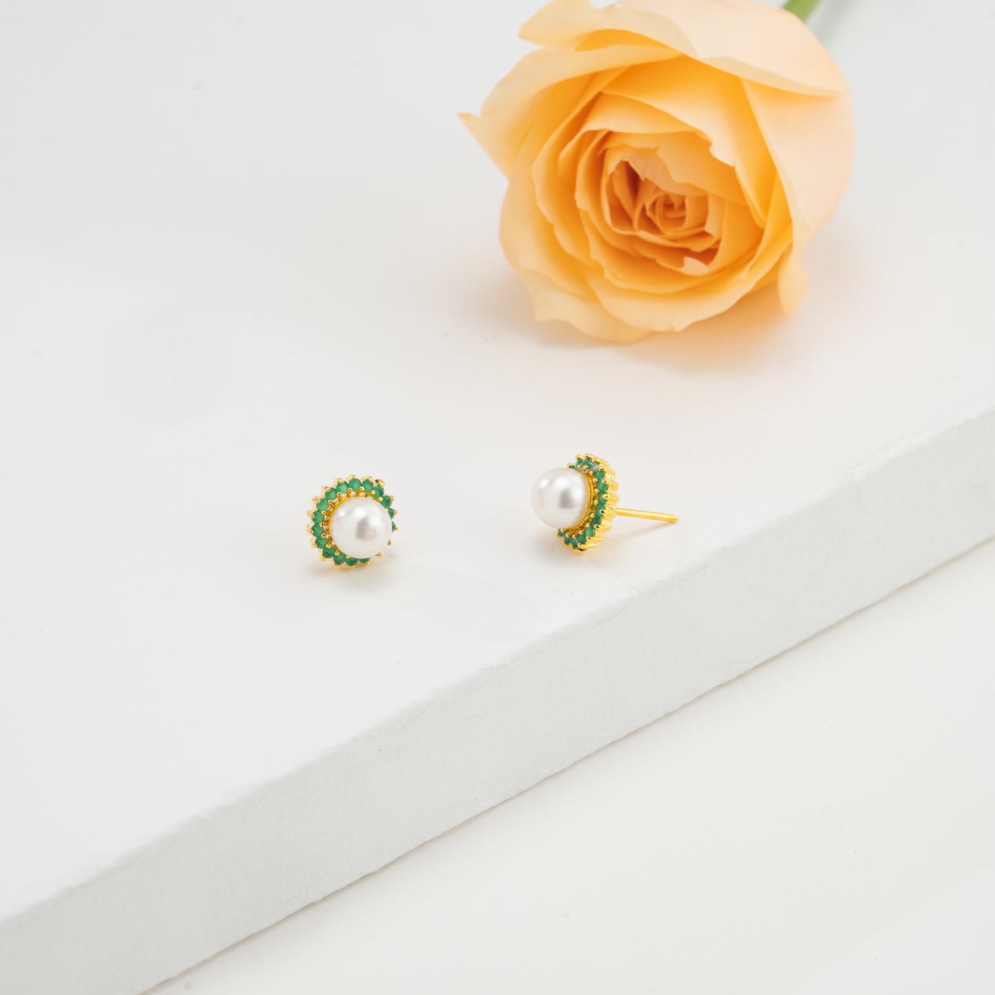 Intricate Green Stone Pearl Studs Earrings