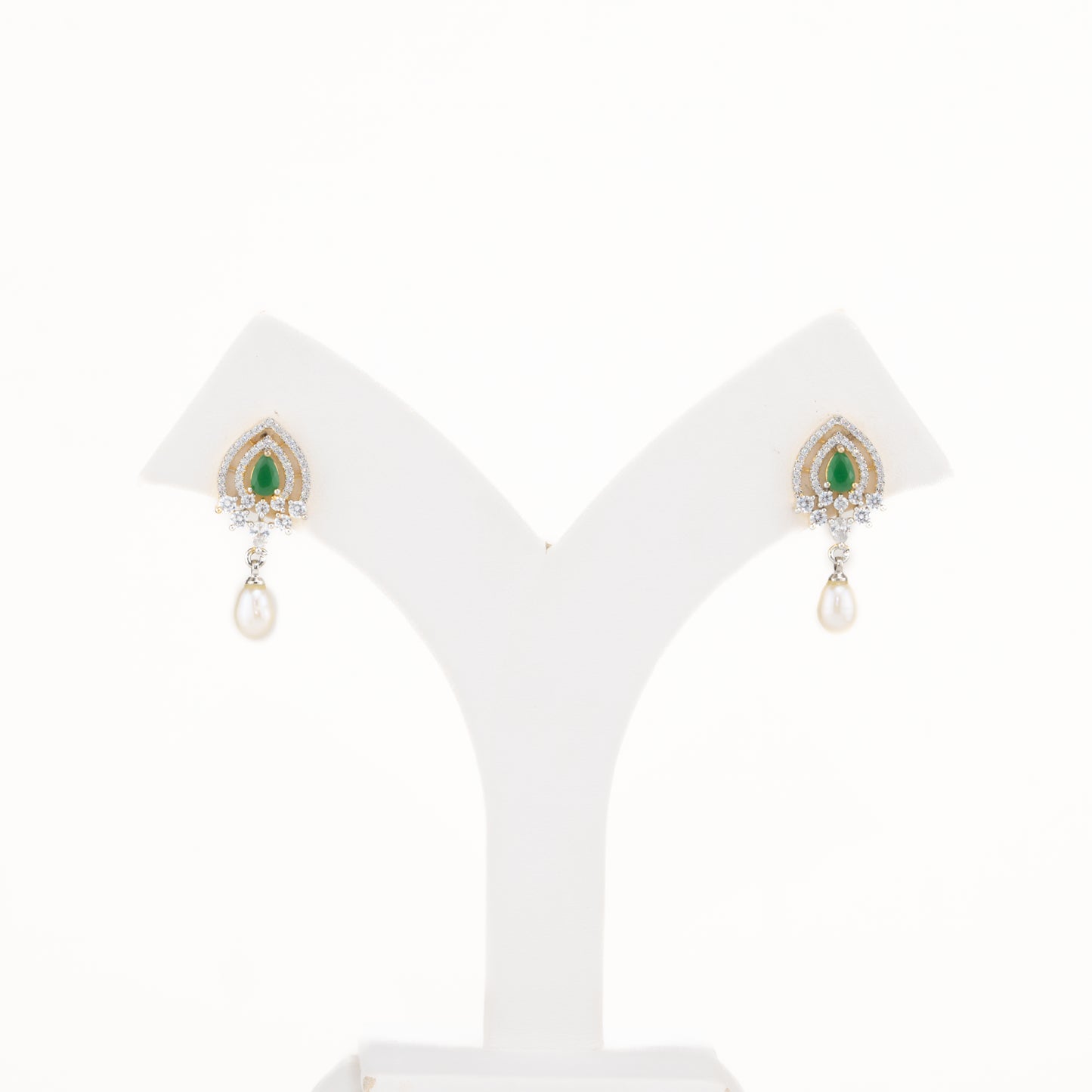 Brilliant Green Stone Pearl Drop Hanging Studs Earrings