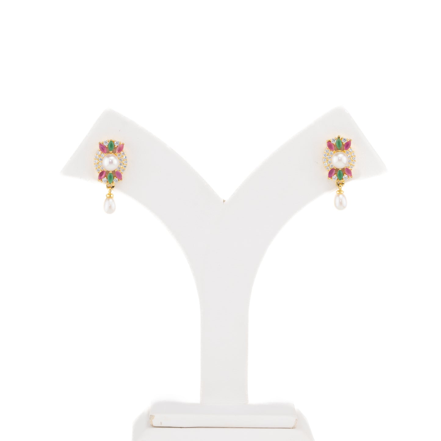 Twinkling Red Green Mix Hanging Pearl Studs Earrings
