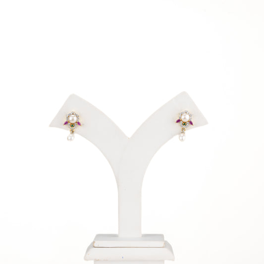 Classy Red Green Stone Drop Pearl Earrings