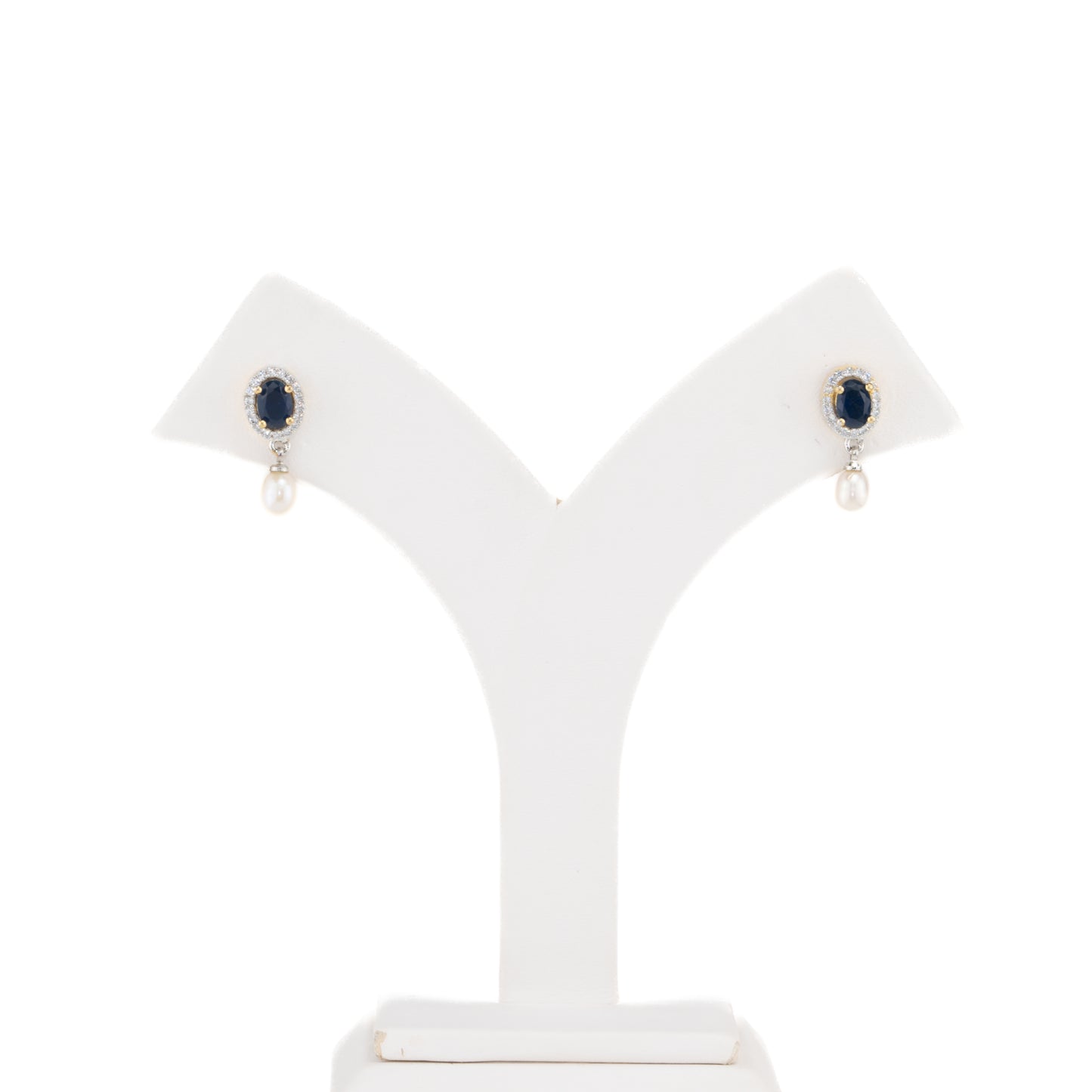 Glossy Blue Stone Drop Hanging Pearl Studs Earrings