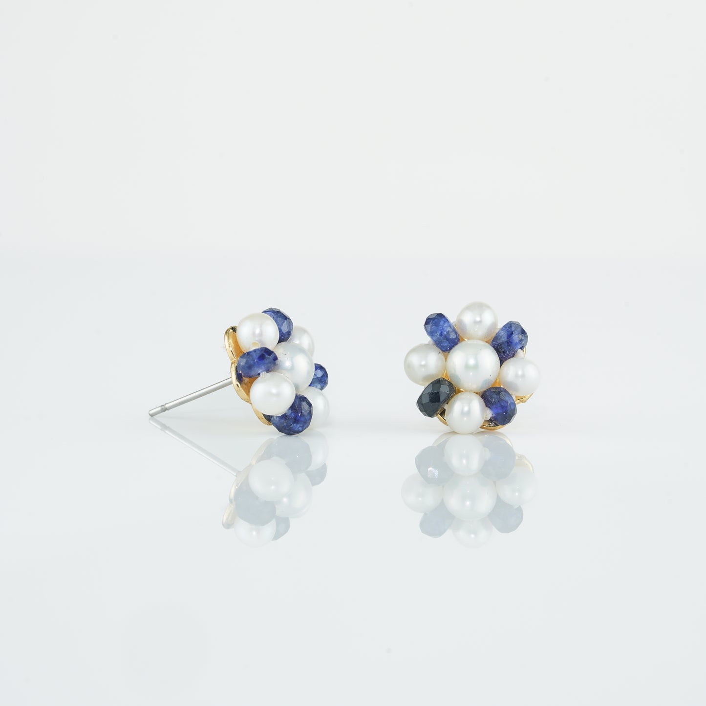 Natural Blue Sapphire Near Round Pearl Stud Earrings
