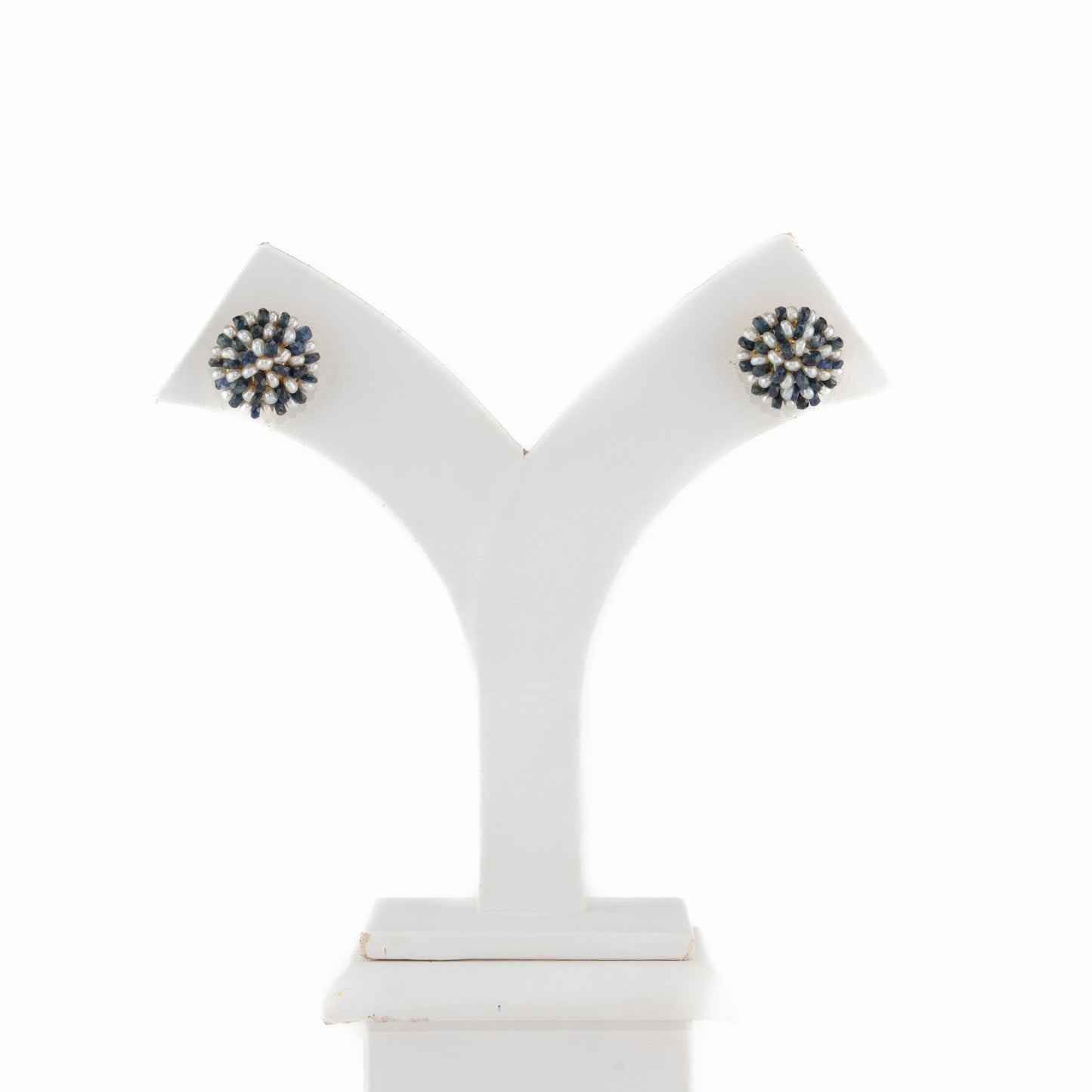 Blue Sapphire Seed Pearl Stud Earrings