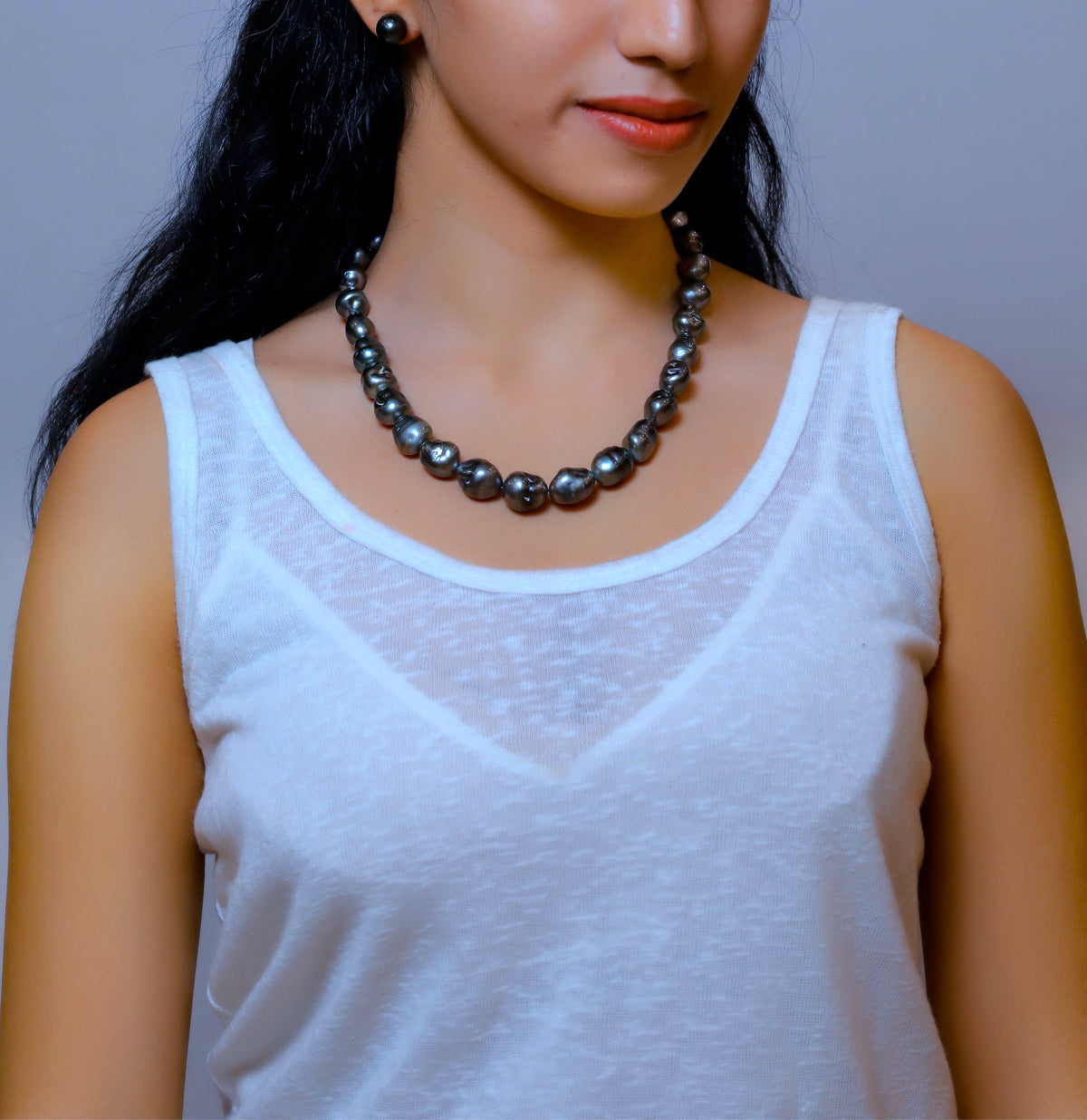 15.0-16.0mm Black Baroque Tahitian Saltwater Pearls Necklace Set - A Quality