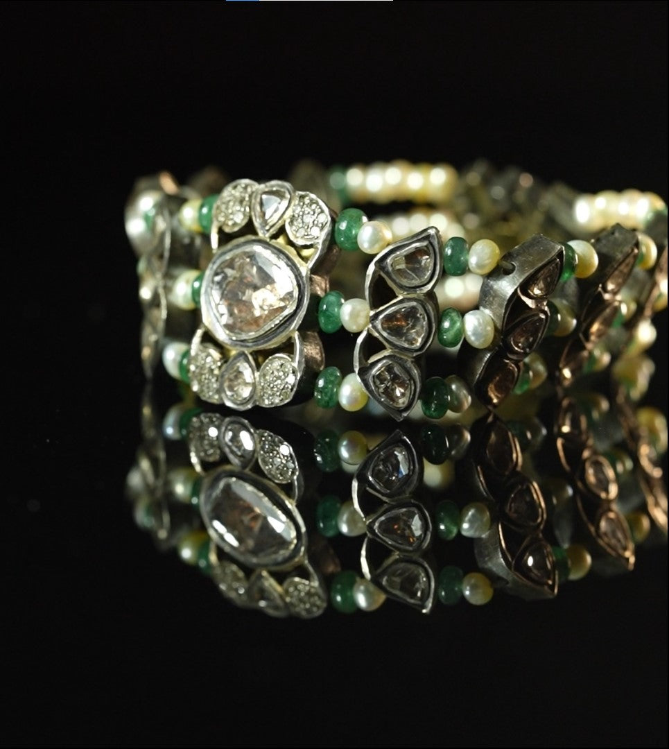 Delicate Pearl Emerald Polki Bracelet