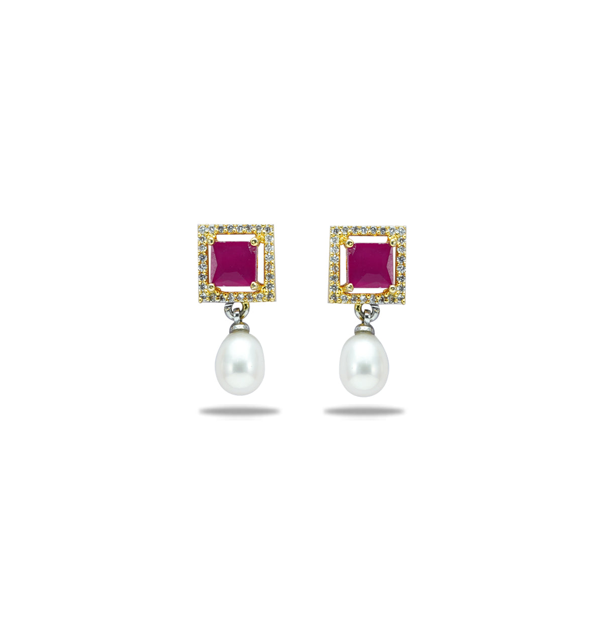 Opaque Red Stone Drop Pearl Stud Earrings