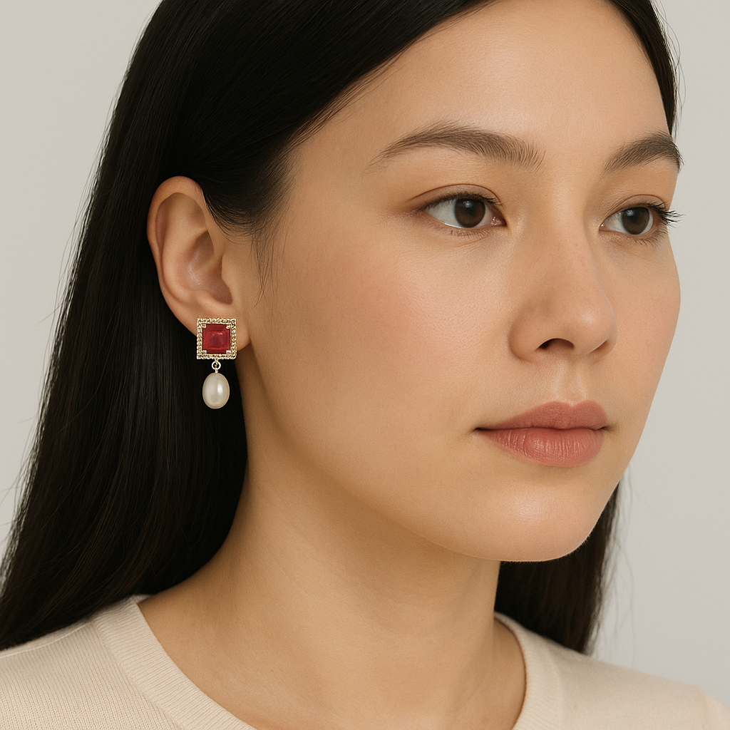 Opaque Red Stone Drop Pearl Stud Earrings