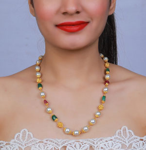 Classic Pearl, Ruby and Emerald Gold Necklace