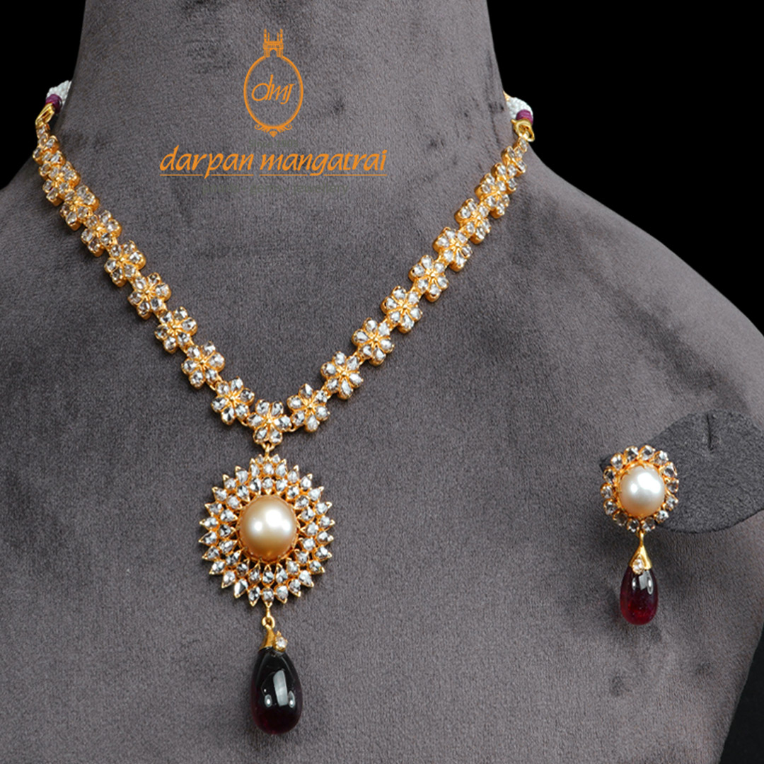 Green stone and kundan necklace and earring - set of two by Abhika  Creations | The Secret Label