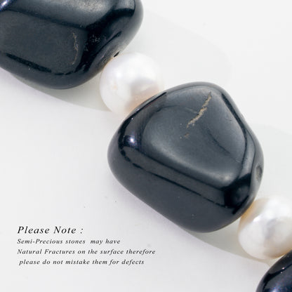 Black Onyx Semi Precious Beads & White Freshwater Pearl Necklace