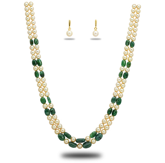 Natural Emerald Beads and 7.0-8.0mm Golden Saltwater Akoya Pearls Necklace Set - A Quality