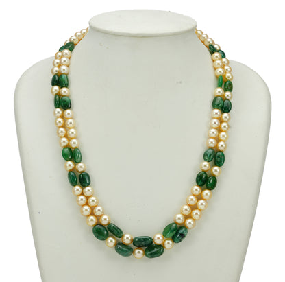 Natural Emerald Beads and 7.0-8.0mm Golden Saltwater Akoya Pearls Necklace Set - A Quality