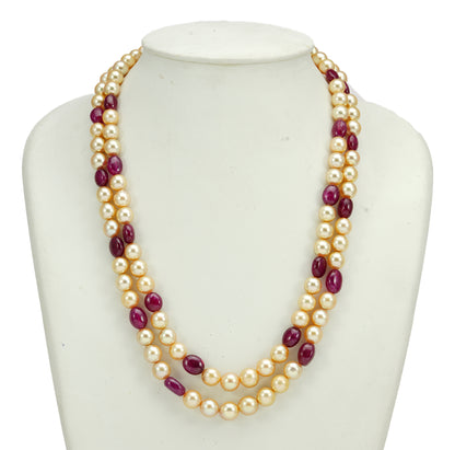 Natural  Ruby Beads and 7.0-8.0mm Golden Saltwater Akoya Pearls Necklace Set - AAA Quality